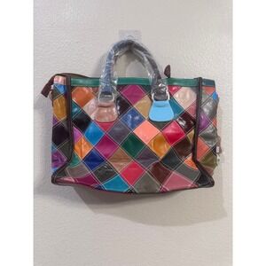 Caerlif‎ Patchwork Leather Tote Bag Multi Color Shoulder Handbag